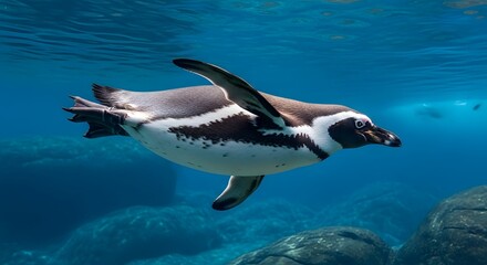 Naklejka premium A penguin swims underwater in a vibrant ocean with rocky terrain
