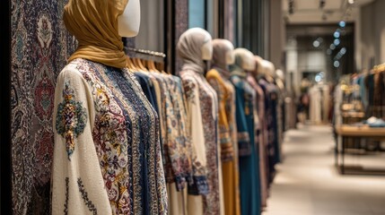 Fototapeta premium Exquisitely Embroidered Dresses on Mannequins in a Modern Retail Space