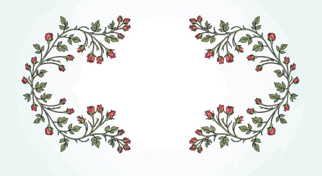 Delicate pink rose buds cascade from curved green vines in a symmetrical, corner placement