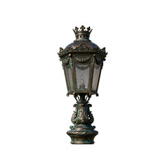 Fototapeta premium Ornate Royal Antique Street Lamp with Verdigris Bronze Finish Isolated on White Background, Luxury Baroque Victorian Garden Lantern for Historical Architecture