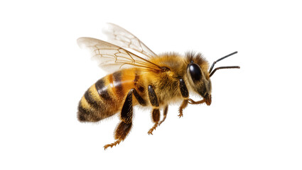 Detailed macro shot of a honey bee in flight, showcasing its delicate wings and furry body © Rowan