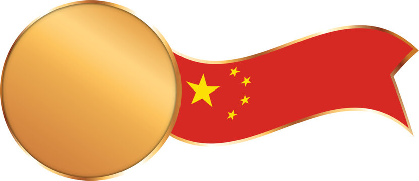 Gold circle frame with waving China flag ribbon, blank premium medal label template