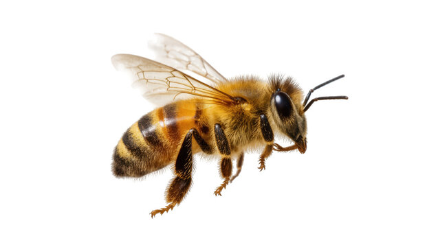 Detailed macro shot of a honey bee in flight, showcasing its delicate wings and furry body