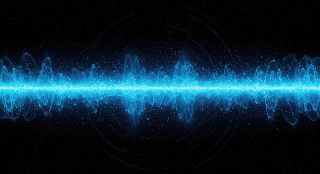 Quantum physics concept showing blue light waves merging with discrete geometric particle fields against a dark, cosmic structure, complexity, data, vibration