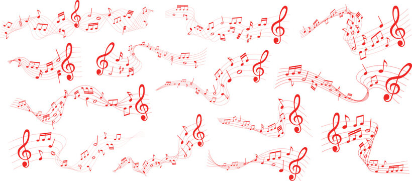 collection of  red colored sheet music illustrations - musical notes melody
