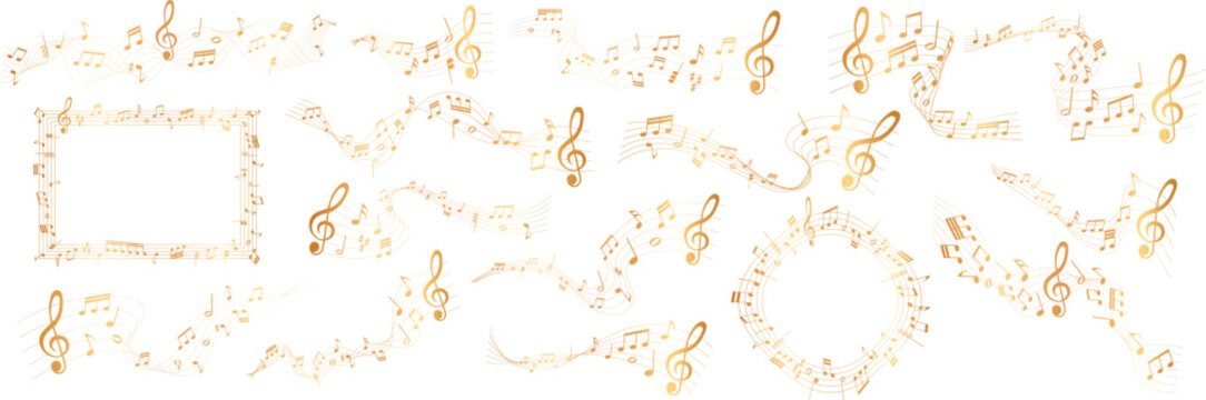 collection of  gold colored sheet music illustrations - musical notes melody