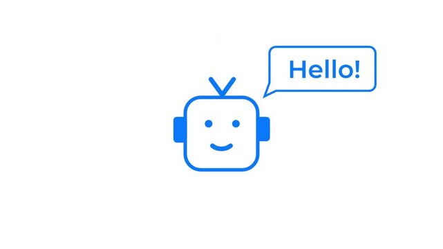Friendly Blue Chatbot Icon with Hello Speech Bubble Isolated on White Background for Customer Support