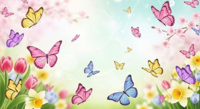 Spring background with flying butterflies and blooming flowers on a light green gradient with bokeh effects