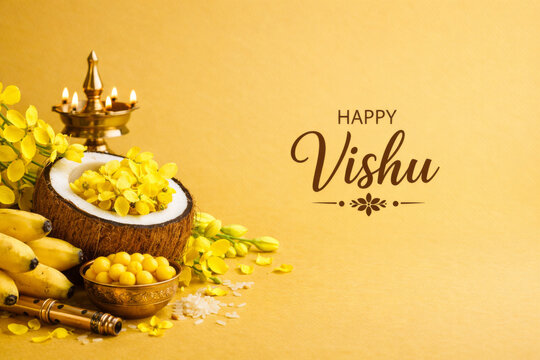 Happy Vishu festival background with Kani Konna flowers, coconut, fruits and oil lamp. Indian harvest festival banner.