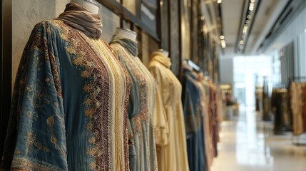 Fototapeta premium Exquisitely Embroidered Dresses on Mannequins in a Modern Retail Space
