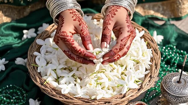 Ornate henna decorated hands carefully selecting jasmine flowers for a traditional indian festival celebration or ritual.