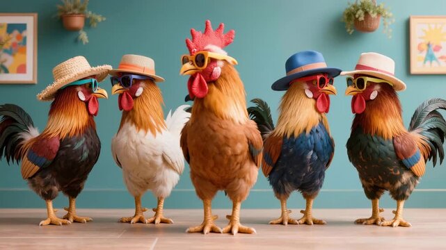 Five chickens wearing sunglasses and stylish hats stand in a row indoors. Humorous animal fashion scene with playful character styling and bright, colorful composition.