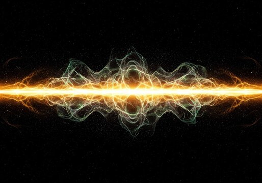 Abstract energetic field displaying complex dimensional wave patterns in deep space. Glowing geometrical structures representing spacetime fabric, spacetime, dynamic, physics