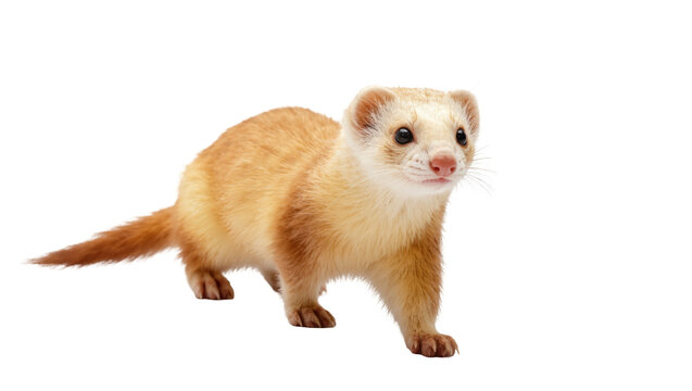 Adorable light brown and white domestic ferret with keen eyes, full body studio shot
