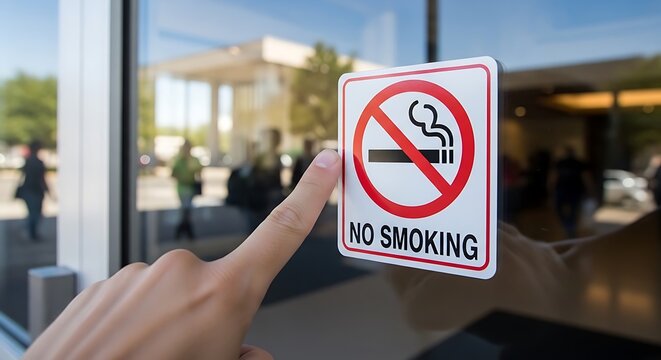 A finger pointing at a no smoking sign on a glass window