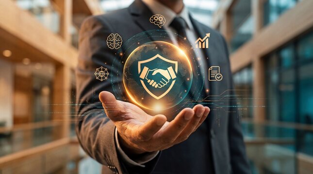 Businessman holding virtual glowing shield with handshake for secure business partnership and trust concept, Abstract futuristic technology background, 
