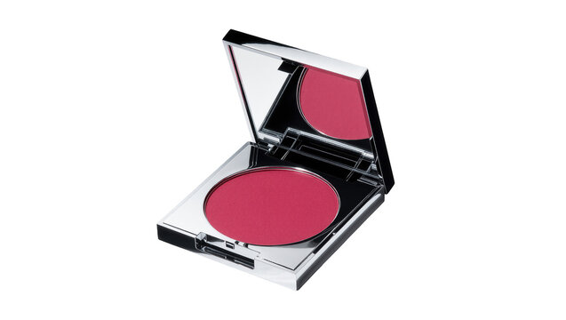 Pink blush makeup compact with mirror, open cosmetic product for beauty routine
