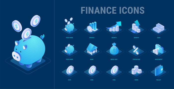 Finance icons set for Business and Technology workflow diagram and presentation - Financial growth, investment, savings, bank system, digital coins, wallet, cash, money - high quality isometric vector