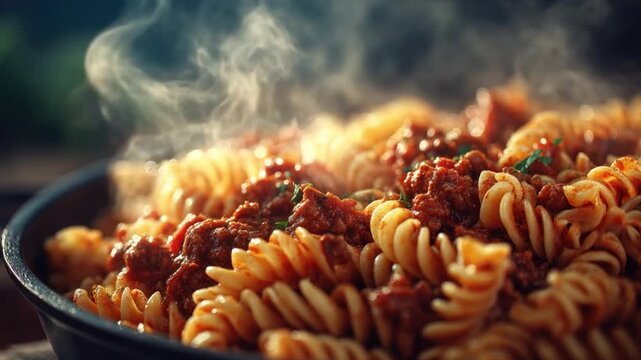 Close-Up of Delicious Pasta with Savory Meat Sauce and Steaming Aroma in a Rustic Bowl
