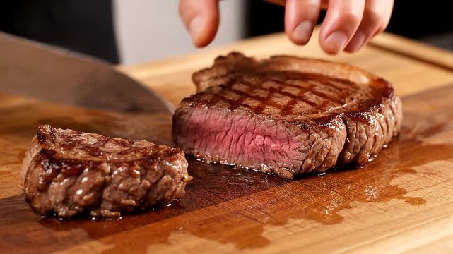 Closeup of Hands Putting Red Steak on Cutting Board