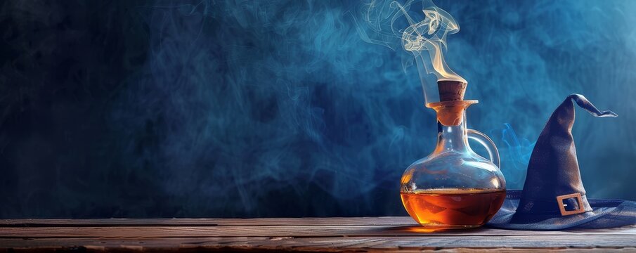 Magical potion bottle smoke witch hat wooden floor dark blue background fantasy scene mystical composition