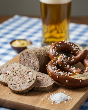 Bavarian Brotzeit with Liver Sausage and Pretzel Traditional Snack