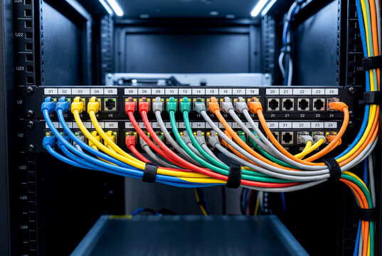 Ethernet Network Cables Connected to Server Rack Patch Panel