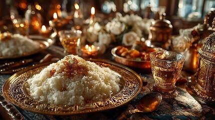 Fototapeta premium Festive white rice presentation on decorative platter with warm ambient lights image