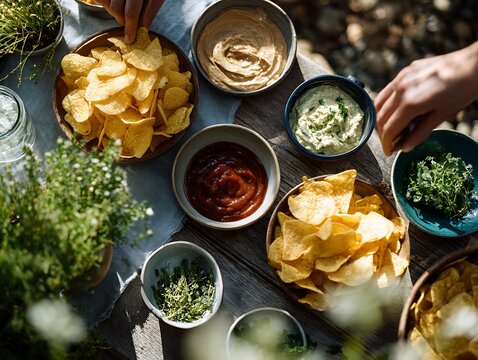Top view of potato chips and dipping sauces on table, hands taking food, group gathering with finger food, shared snacks at outdoor social meeting