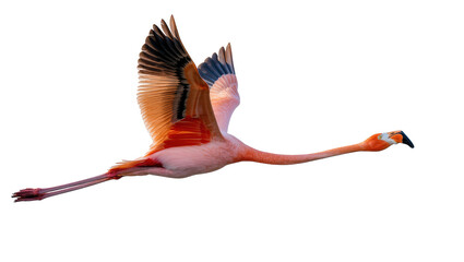 Graceful American flamingo flying with wings spread, showcasing vibrant pink and orange plumage © Rowan