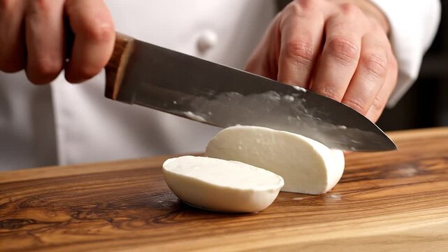 Chef slicing fresh mozzarella on cutting board in slow motion
