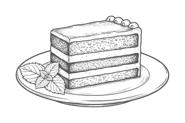 Hand drawn layered cake with mint leaves a plate dessert food sweet pastry © Mollica