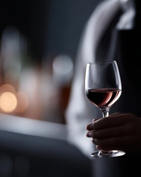 Close-up of bartender hands holding wine glass with soft bar lighting background