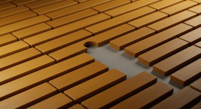 Identical shapes lined up in perfect rows on a surface, emphasizing the single missing piece creating a noticeable gap in the continuous sequence pattern, repetition, line, potential