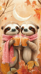 Fototapeta premium Two cute cartoon sloth in pink scarves drinking Pumpkin Latte against autumn leaves and crescent moon, vertical phone wallpaper background.