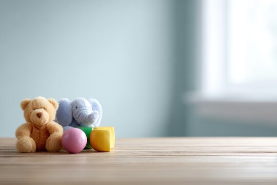 Set of colorful children toys on wooden table in kids room