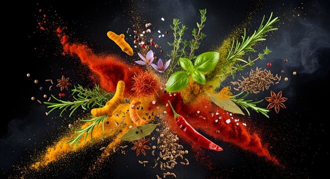 Sensory exploding spices and herbs in vibrant colors with steam and texture details, culinary temptation
