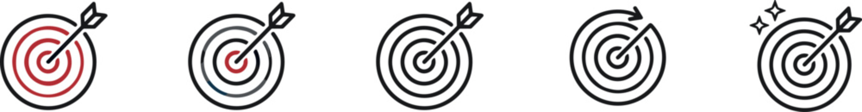 target goal dart arrow bulls eye icon set with aim objective focus success strategy business marketing concept symbols outline illustration on transparent background