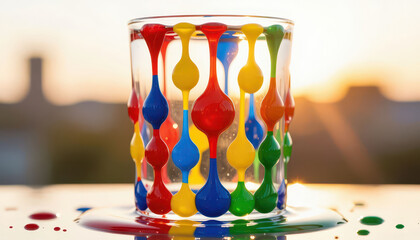 A colorful glass filled with vibrant paint droplets creates an artistic scene. The glass displays striking colors against the sunset backdrop, enhancing the vivid display.