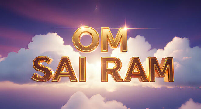 Om sai ram golden text glowing in clouds with sky background