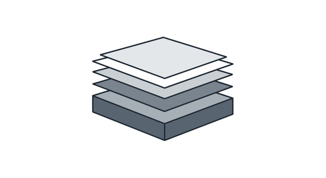 Isometric view of stacked, grey, square layers, decreasing in size upwards