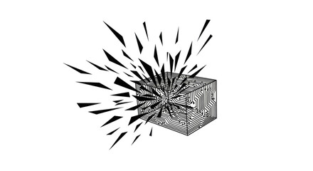 Fototapeta premium Cube with circuit patterns explodes into sharp shards, digital abstract art