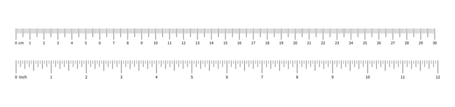 Collection of ruler scale 12 inch and 300mm with numbers. Set of measuring chart with 12 inches and 30 centimeters. Length measurement math, distance, Sewing tool. Ruler scale template..