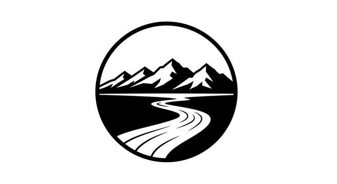Black and white circular emblem with mountains and a winding road