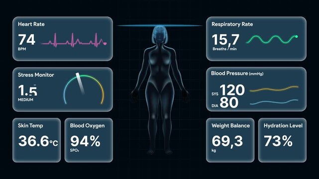 Woman medical health dashboard UI. Animated human body biometric scanner. HUD displaying vital signs, heart rate, EKG and blood pressure data. Vertical mobile AI high tech healthcare