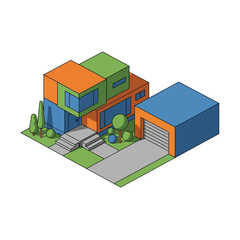 Fototapeta premium A colorful isometric illustration of a modern house with a garage.