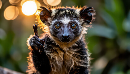 Obraz premium A lemur with large eyes is seen in a natural setting, raising its hand playfully. The lemur's fur is unique and the background is filled with blurred greenery.