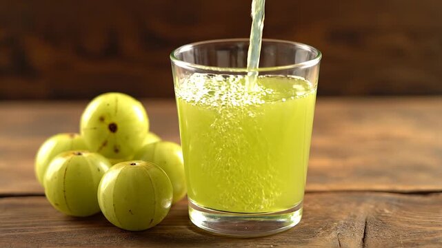 Fresh Amla Juice and Fruit Pouring on Wooden Table