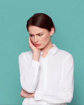 Young woman touching ear with hearing difficulty expression on color background, medical concept