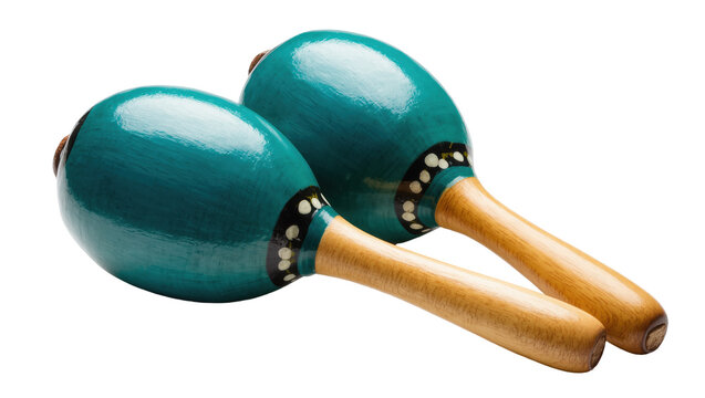 Two shiny teal maracas, traditional Latin American percussion instruments for rhythm
